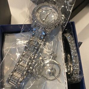 Silver Rhinestone Watch and Bracelet Set